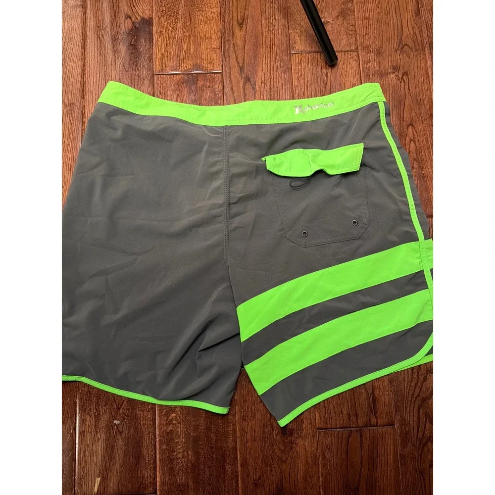 Hurley Board Shorts Mens 42 Grey Neon Green Striped Swim Trunks Surf‎ Shorts